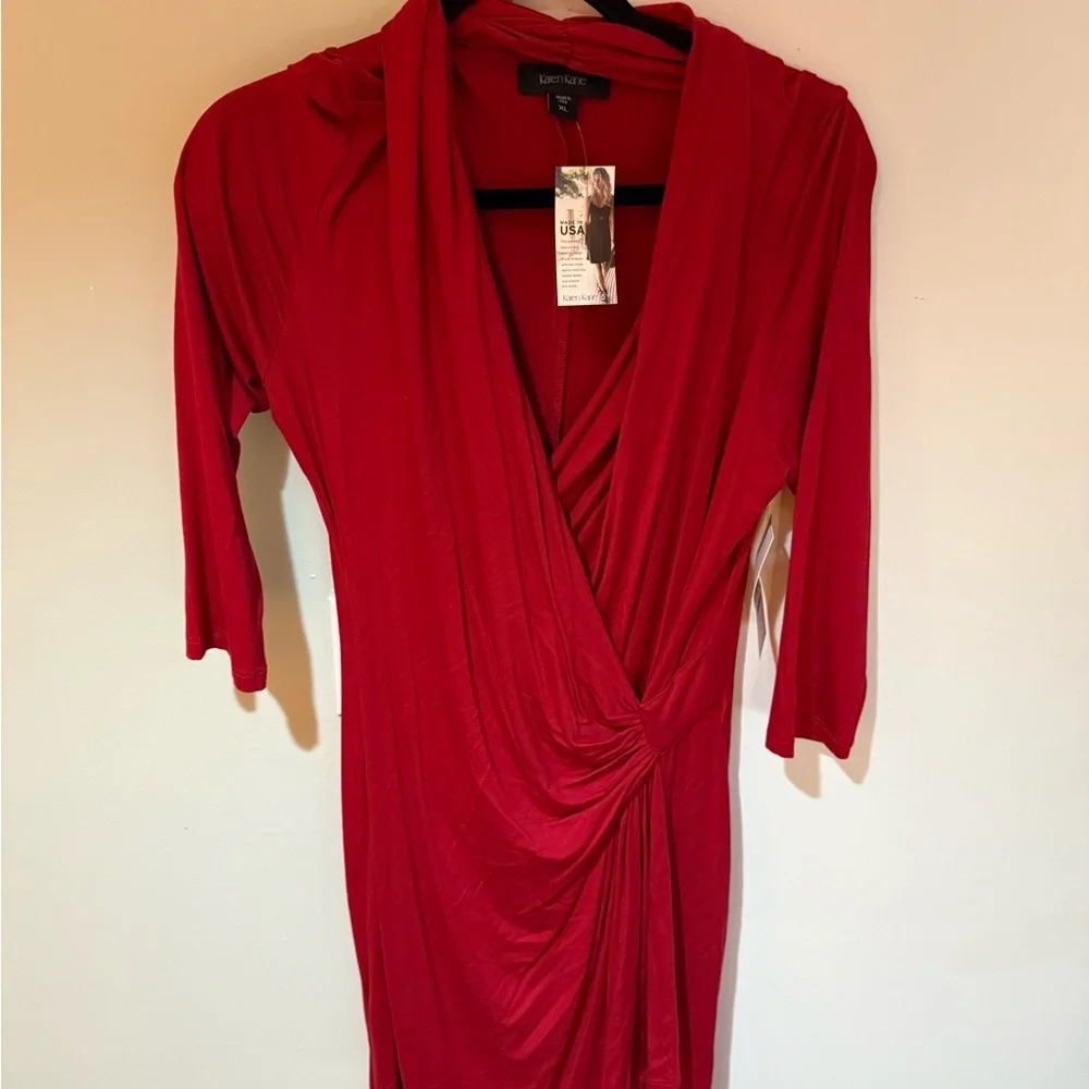 Karen Kane Red Ruched Wrap Dress 3/4 Sleeve - Picture 5 of 7